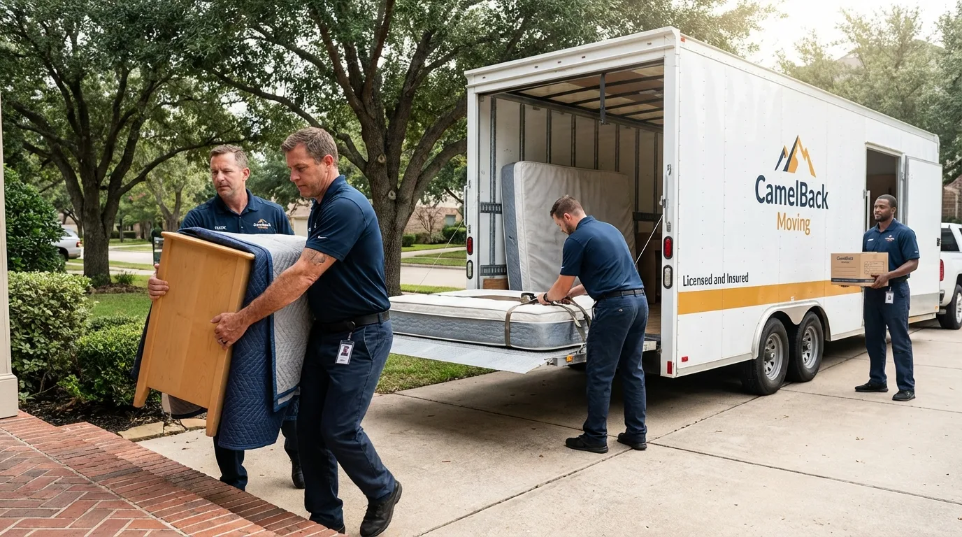 Crew loading residential truck for cross-state move from Jurupa Valley, CA