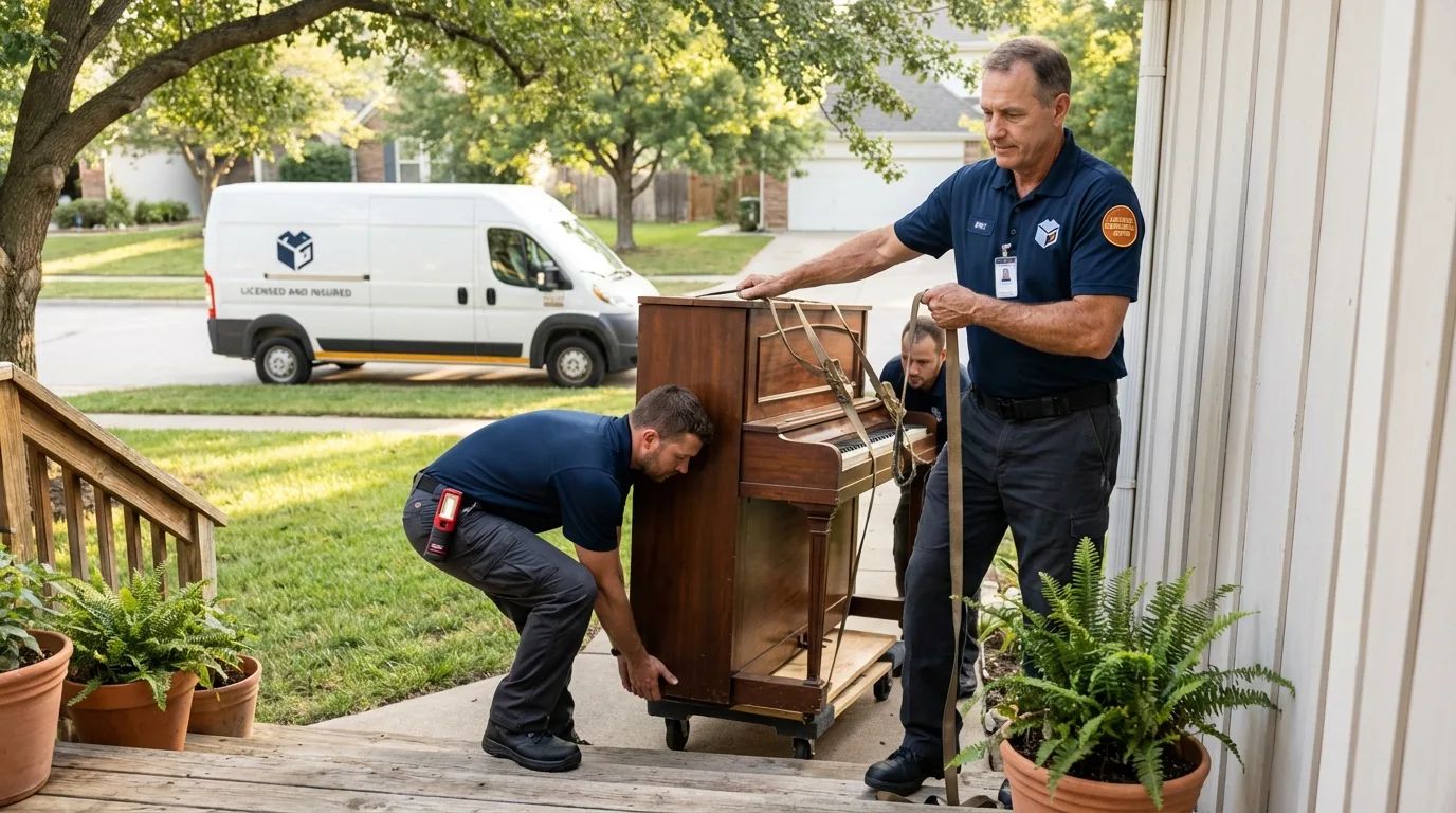 Licensed piano movers securing grand piano in Jurupa Valley, CA