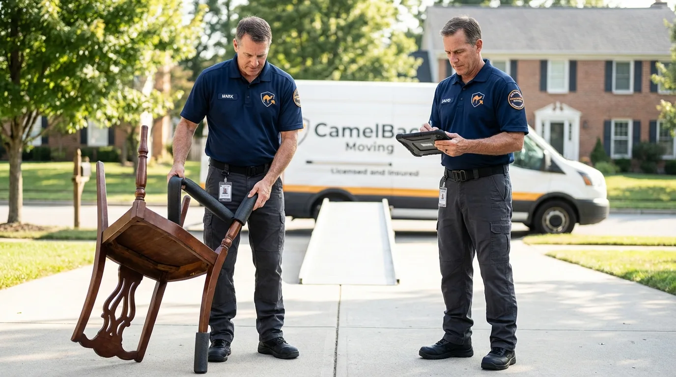 Movers inspecting furniture for damage prevention before loading in Jurupa Valley, CA