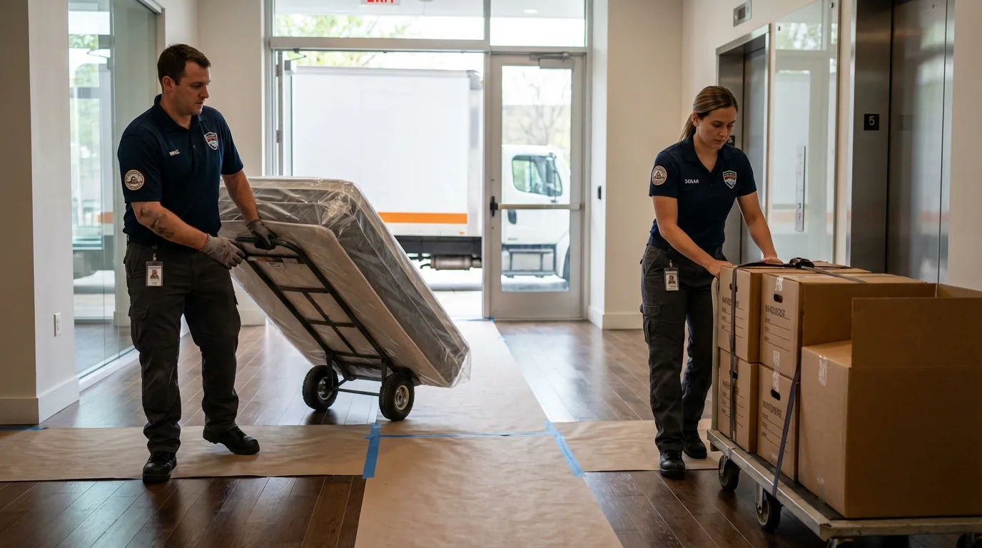 Professional apartment movers loading elevator in Jurupa Valley, CA